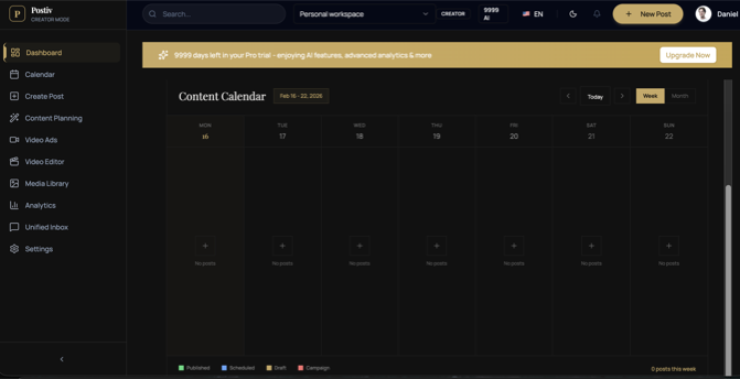 Postiv dashboard showing the social media content calendar, scheduled posts, and engagement analytics